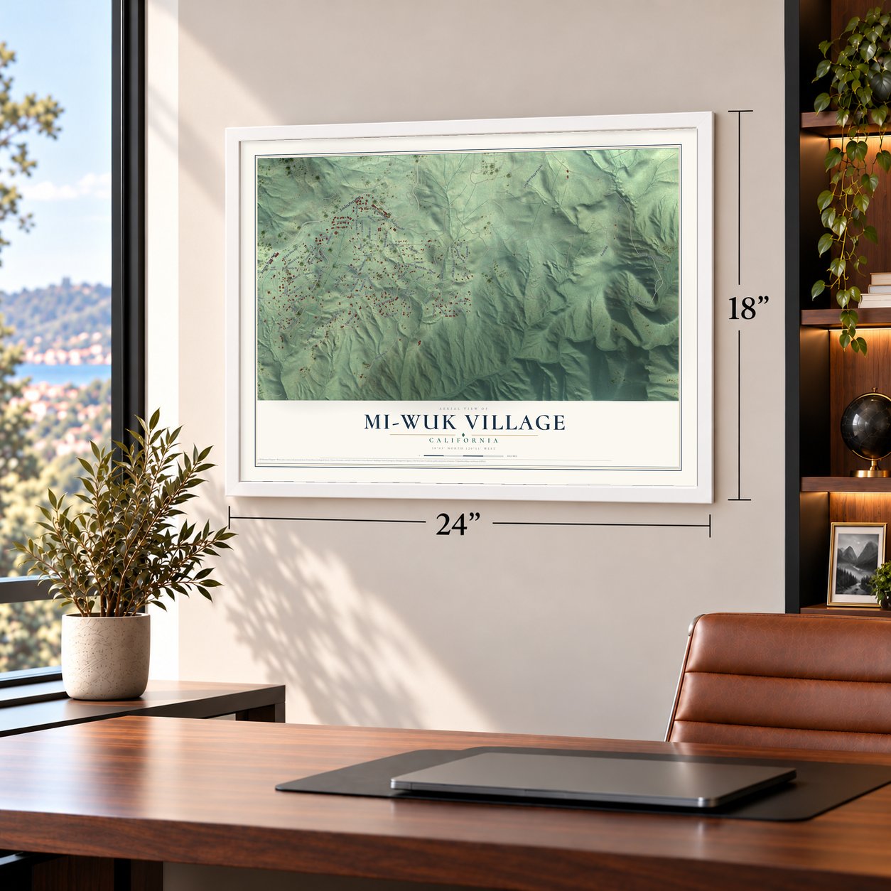 Mi-Wuk Village, California map, 18 x 24 inch print in a white frame in a home office