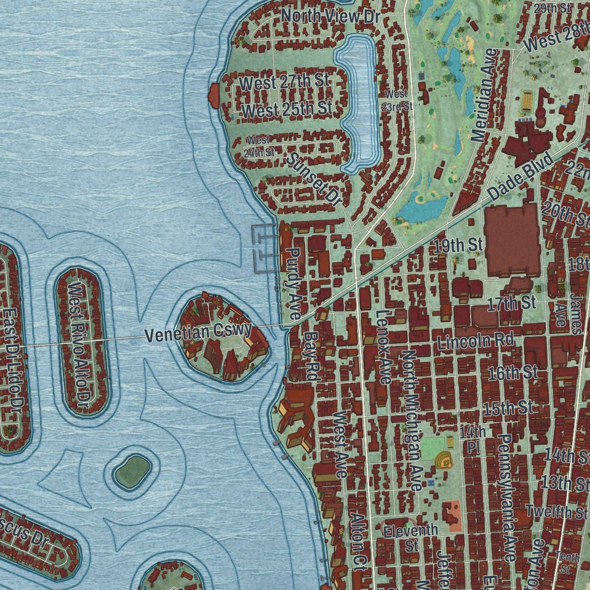 Second close-up of the map of Miami Beach, Florida print showing more streets and buildings