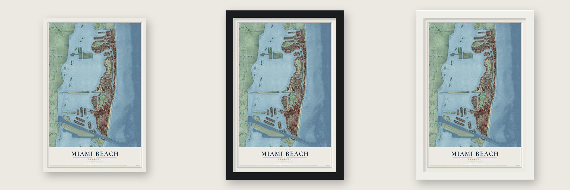 Miami Beach, Florida map unframed, in a black wood frame and in a white wood frame