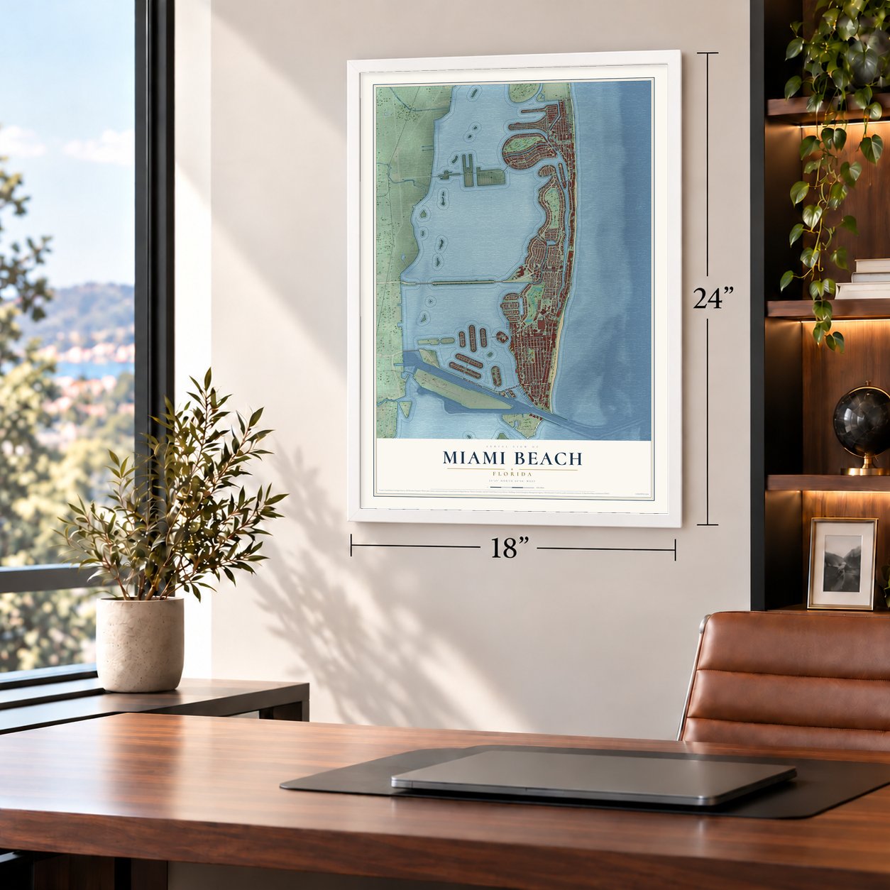 Miami Beach, Florida map, 18 x 24 inch print in a white frame in a home office
