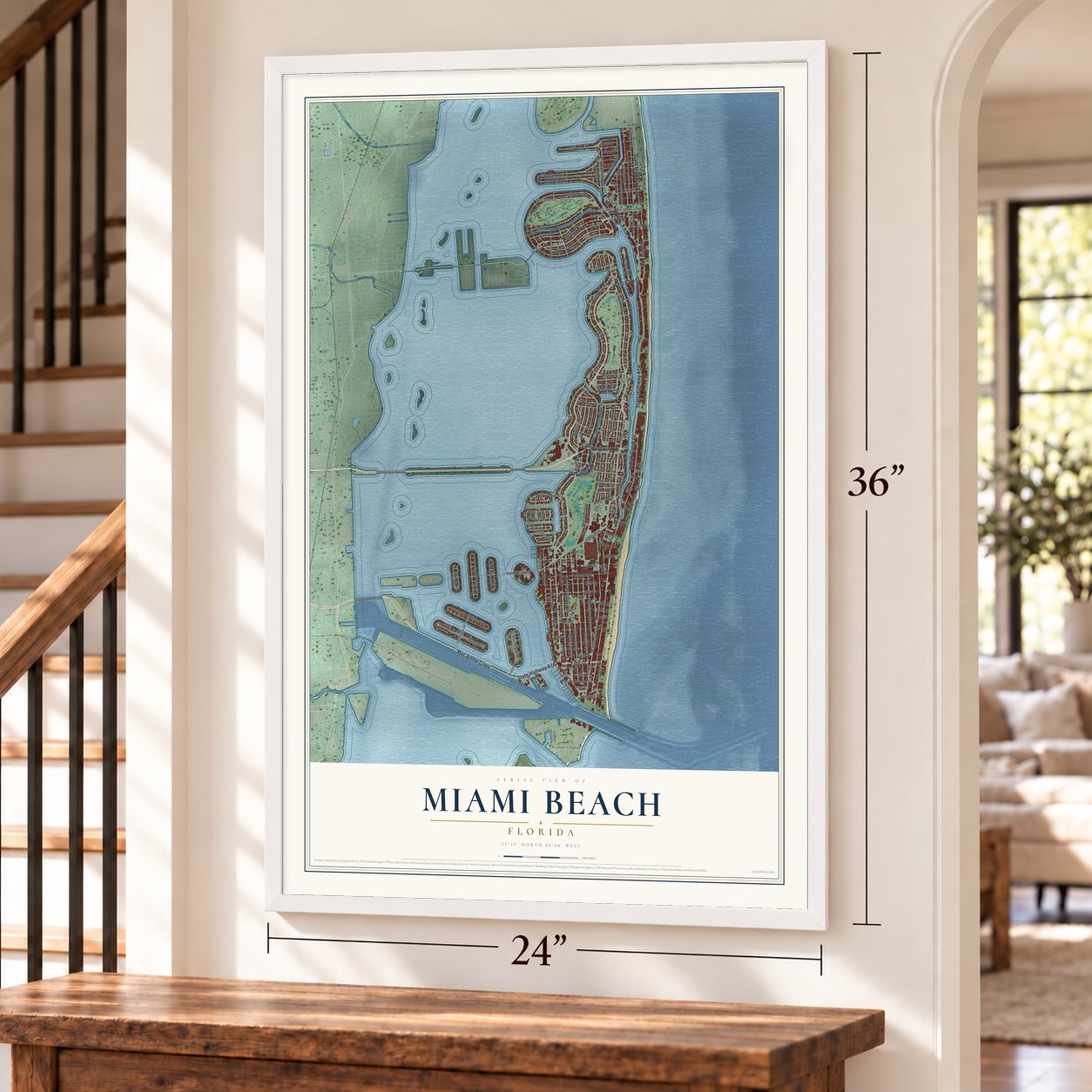 Miami Beach, Florida map, 24 x 36 inch print in a white frame by a staircase