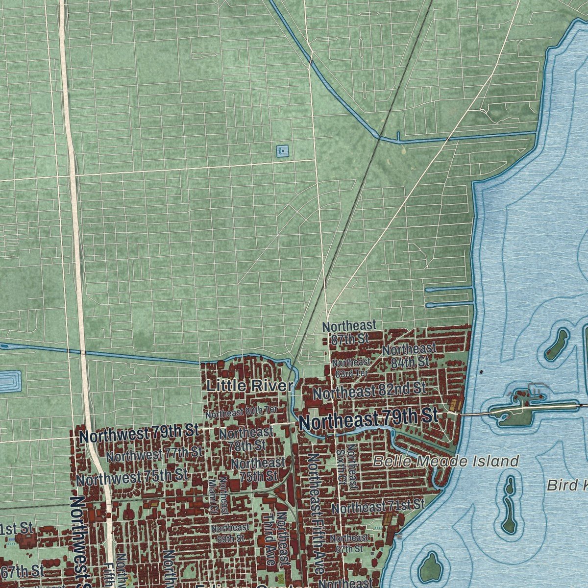Second close-up of the map of Miami, Florida print showing more streets and buildings