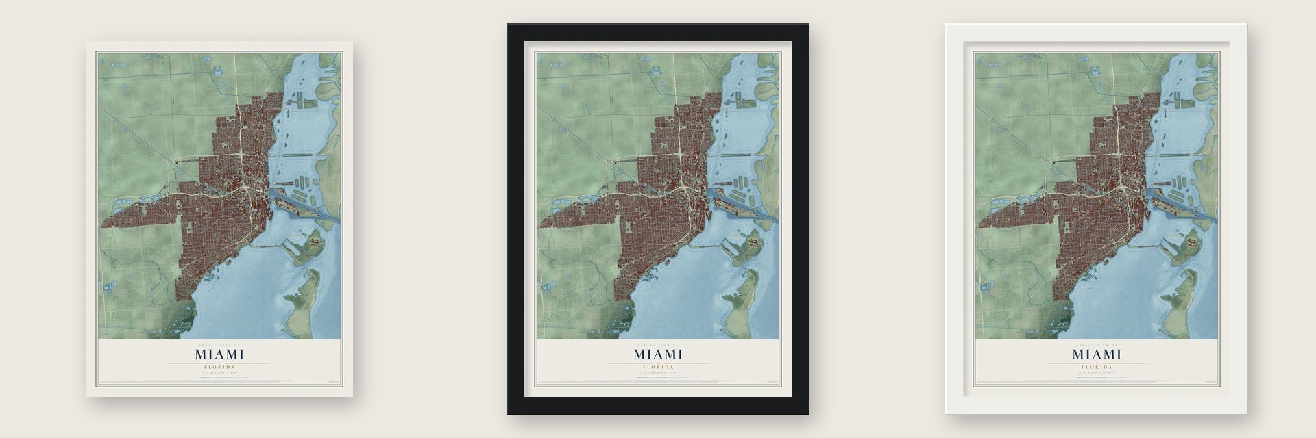 Miami, Florida map unframed, in a black wood frame and in a white wood frame