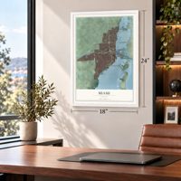 Miami, Florida map, 18 x 24 inch print in a white frame in a home office