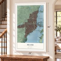 Miami, Florida map, 24 x 36 inch print in a white frame by a staircase