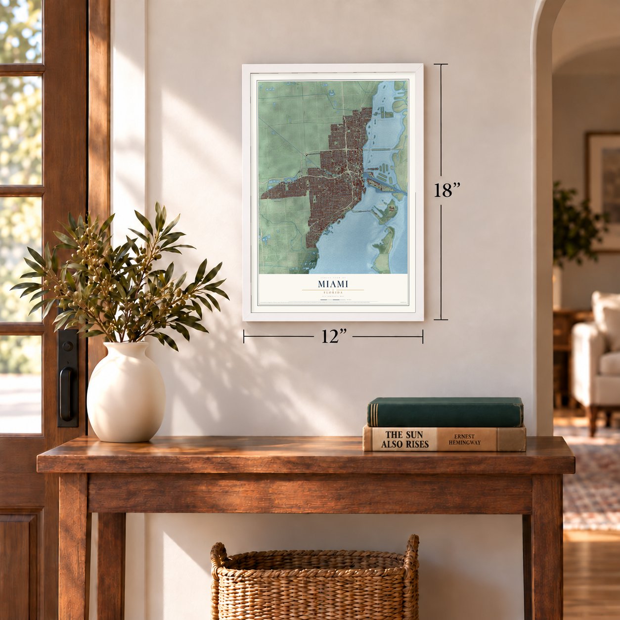 Miami, Florida map, 12 x 18 inch print in a white frame in an entryway