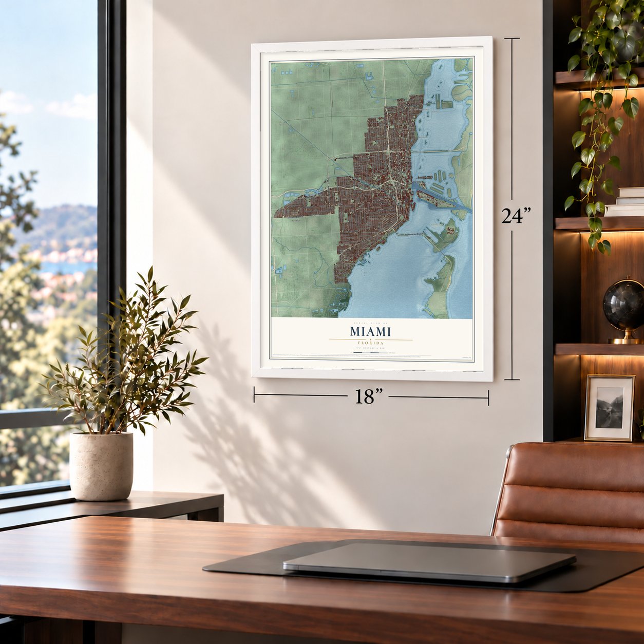 Miami, Florida map, 18 x 24 inch print in a white frame in a home office