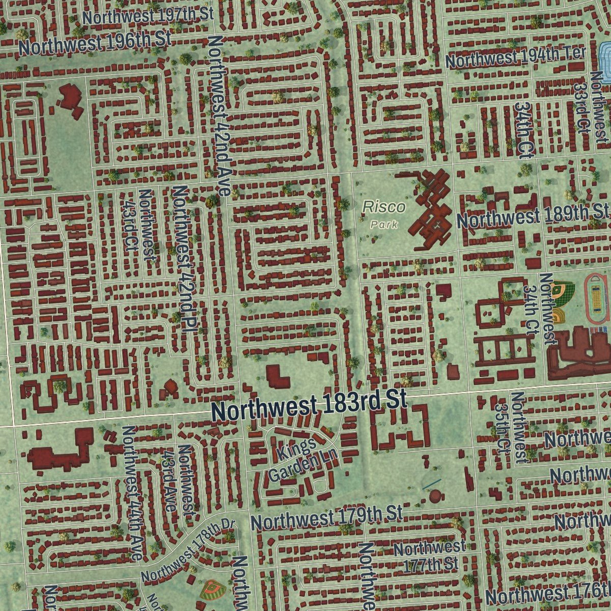 Second close-up of the map of Miami Gardens, Florida print showing more streets and buildings