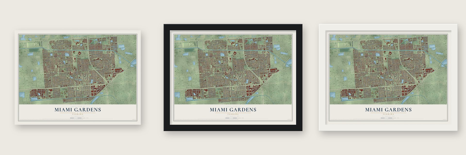 Miami Gardens, Florida map unframed, in a black wood frame and in a white wood frame