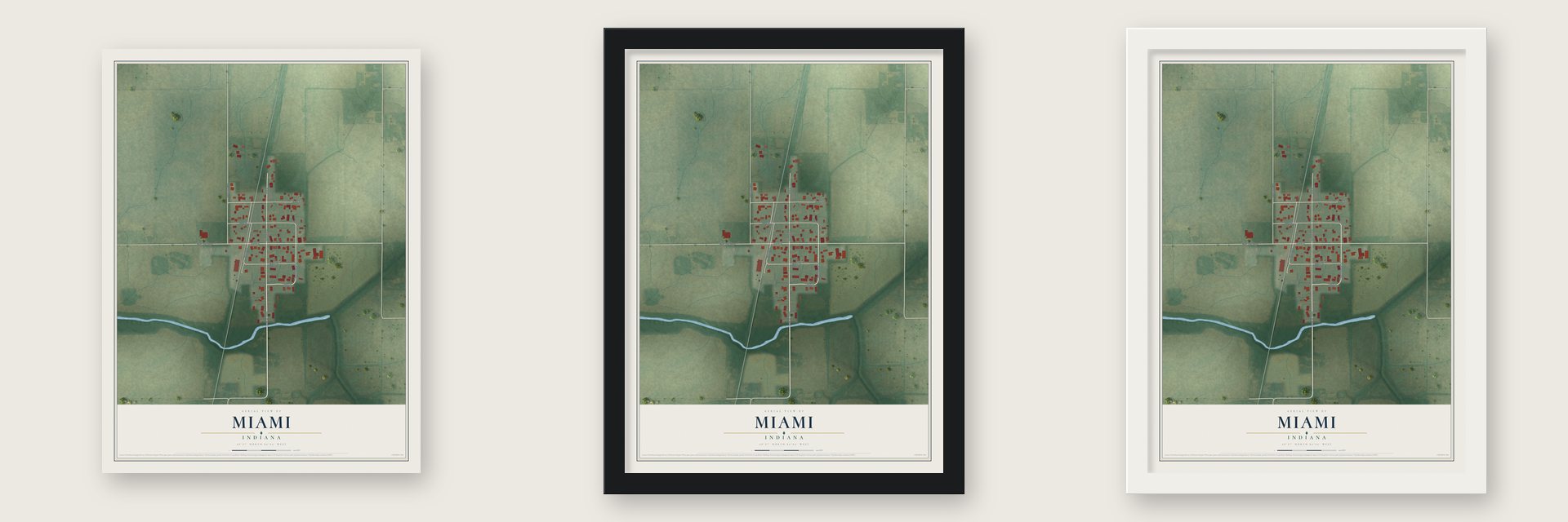 Miami, Indiana map unframed, in a black wood frame and in a white wood frame