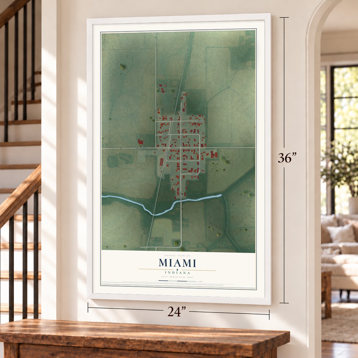 Miami, Indiana map, 24 x 36 inch print in a white frame by a staircase