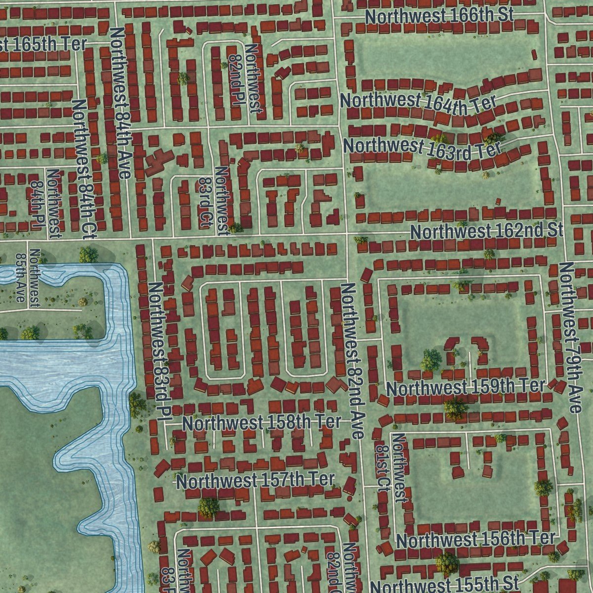 Second close-up of the map of Miami Lakes, Florida print showing more streets and buildings