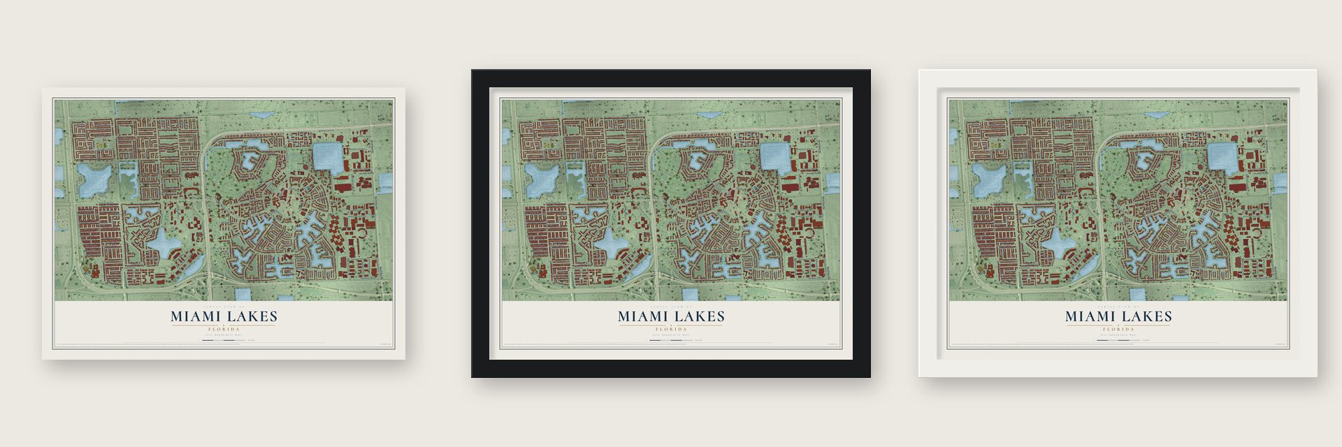 Miami Lakes, Florida map unframed, in a black wood frame and in a white wood frame