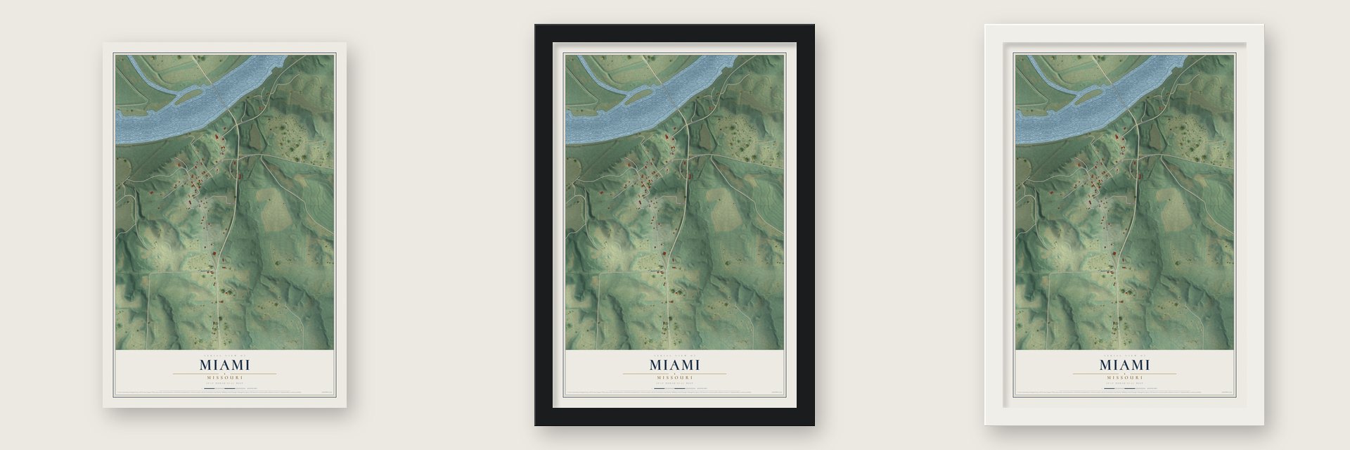 Miami, Missouri map unframed, in a black wood frame and in a white wood frame