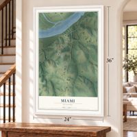 Miami, Missouri map, 24 x 36 inch print in a white frame by a staircase