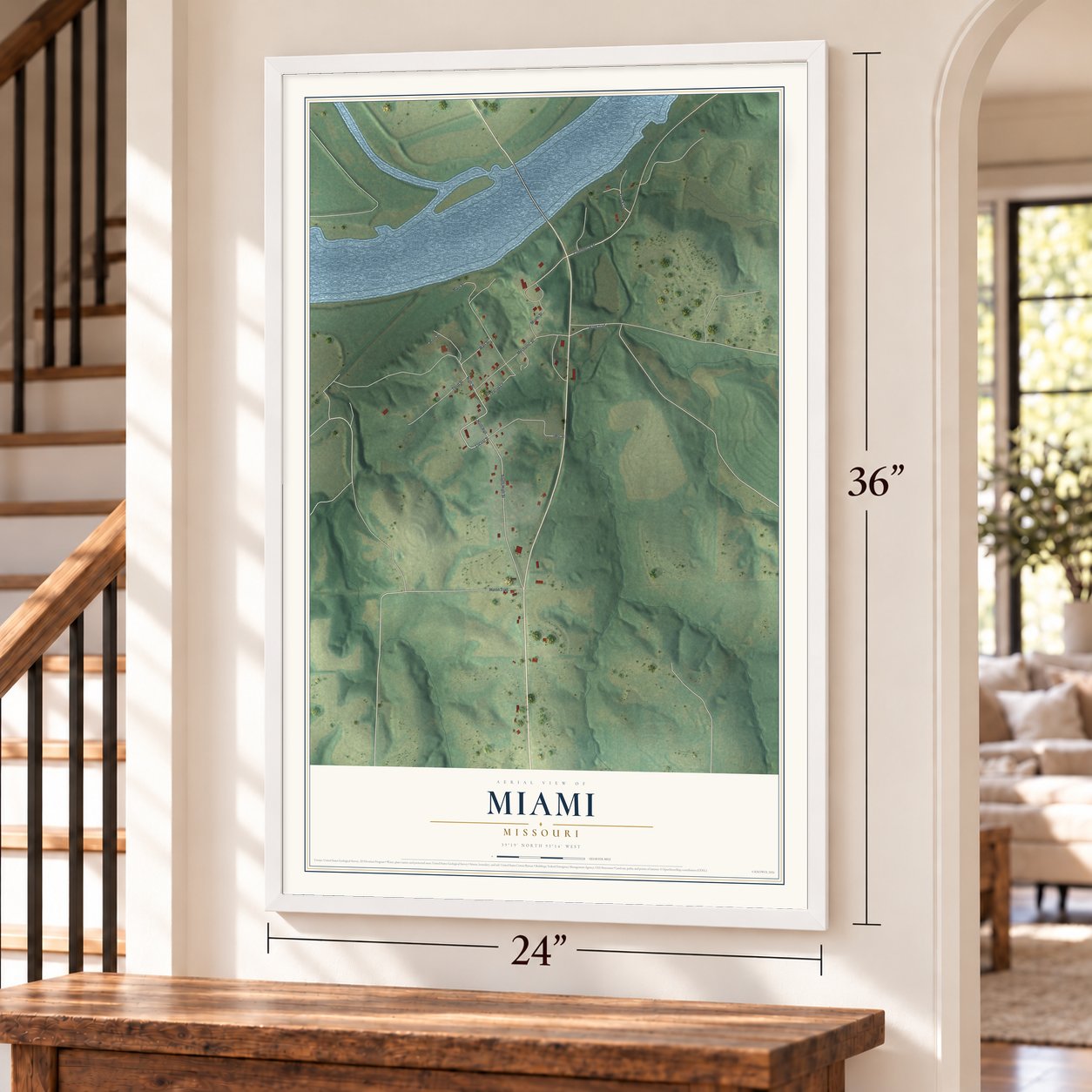 Miami, Missouri map, 24 x 36 inch print in a white frame by a staircase