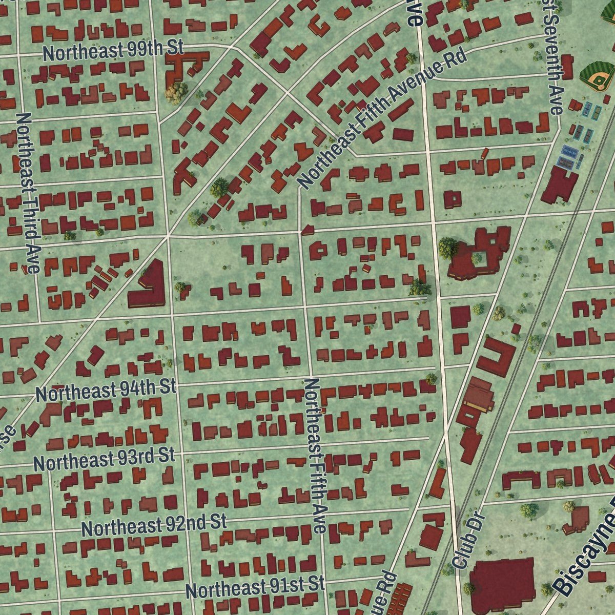 Second close-up of the map of Miami Shores, Florida print showing more streets and buildings