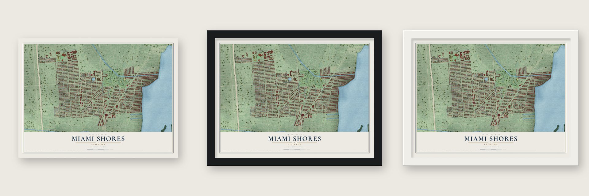 Miami Shores, Florida map unframed, in a black wood frame and in a white wood frame