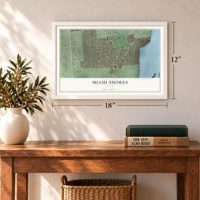 Miami Shores, Florida map, 12 x 18 inch print in a white frame in an entryway