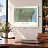 Miami Shores, Florida map, 18 x 24 inch print in a white frame in a home office