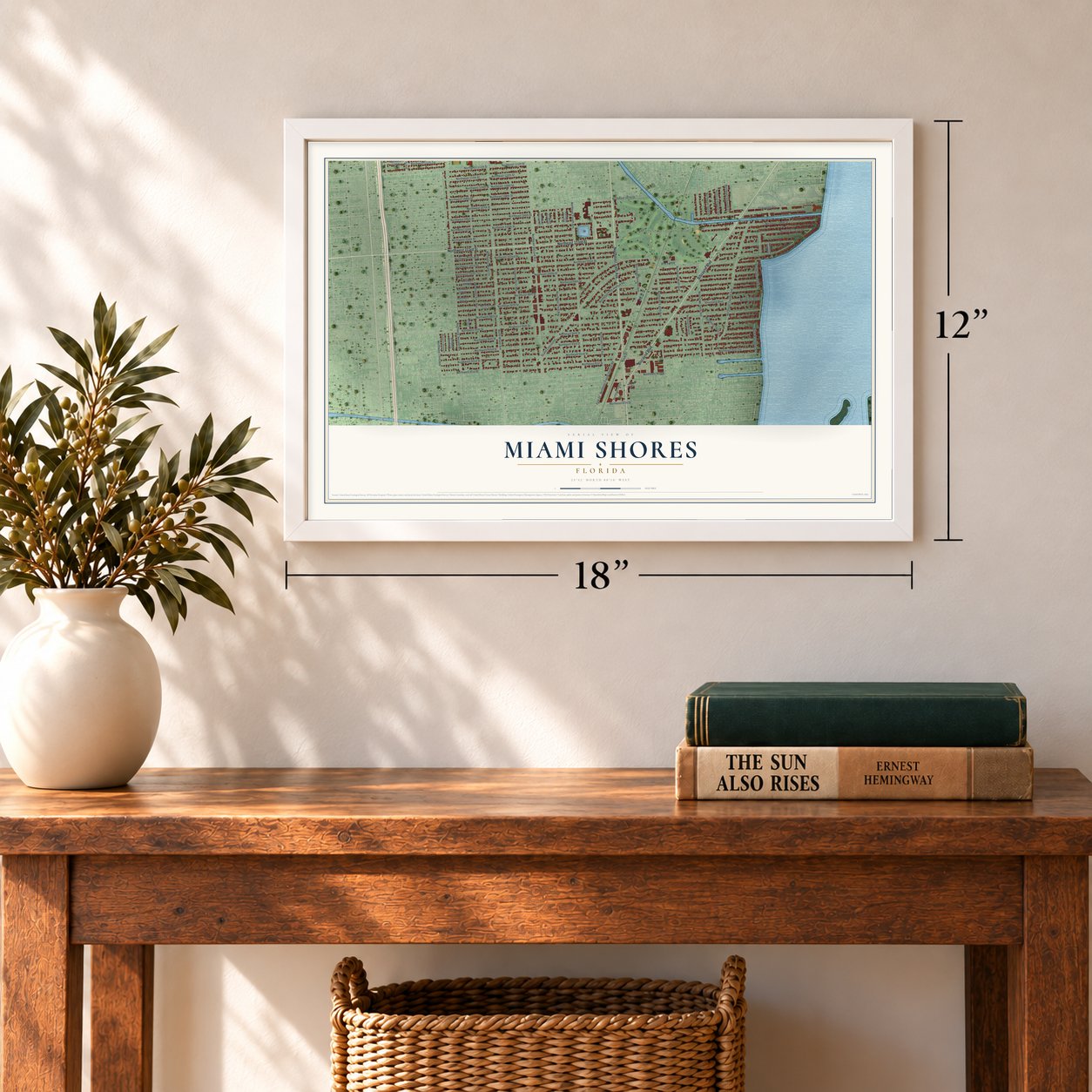 Miami Shores, Florida map, 12 x 18 inch print in a white frame in an entryway
