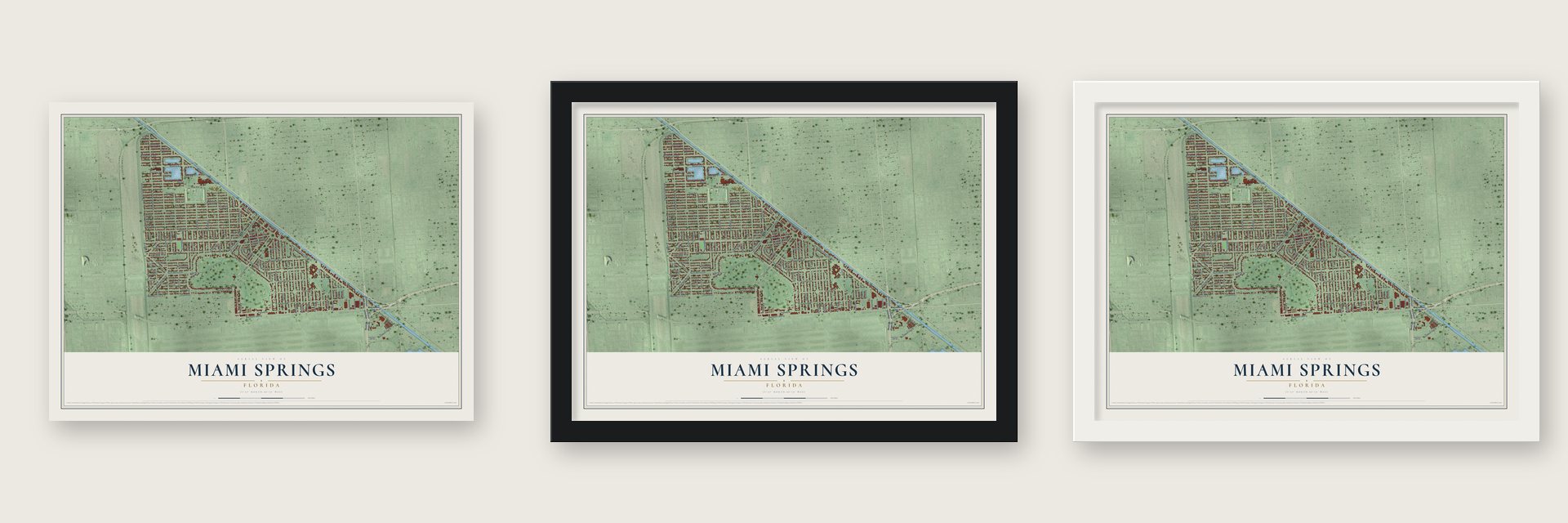 Miami Springs, Florida map unframed, in a black wood frame and in a white wood frame