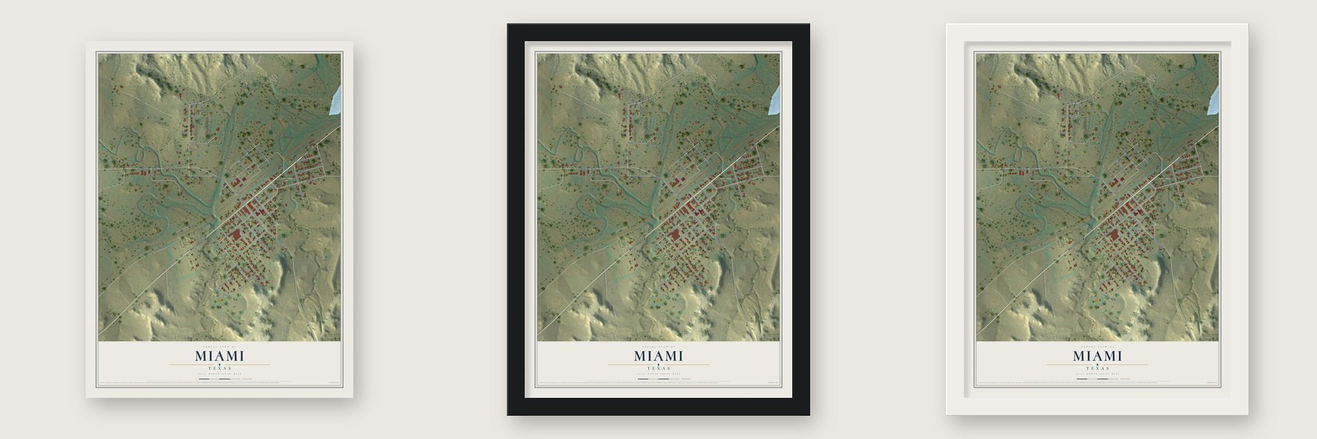 Miami, Texas map unframed, in a black wood frame and in a white wood frame