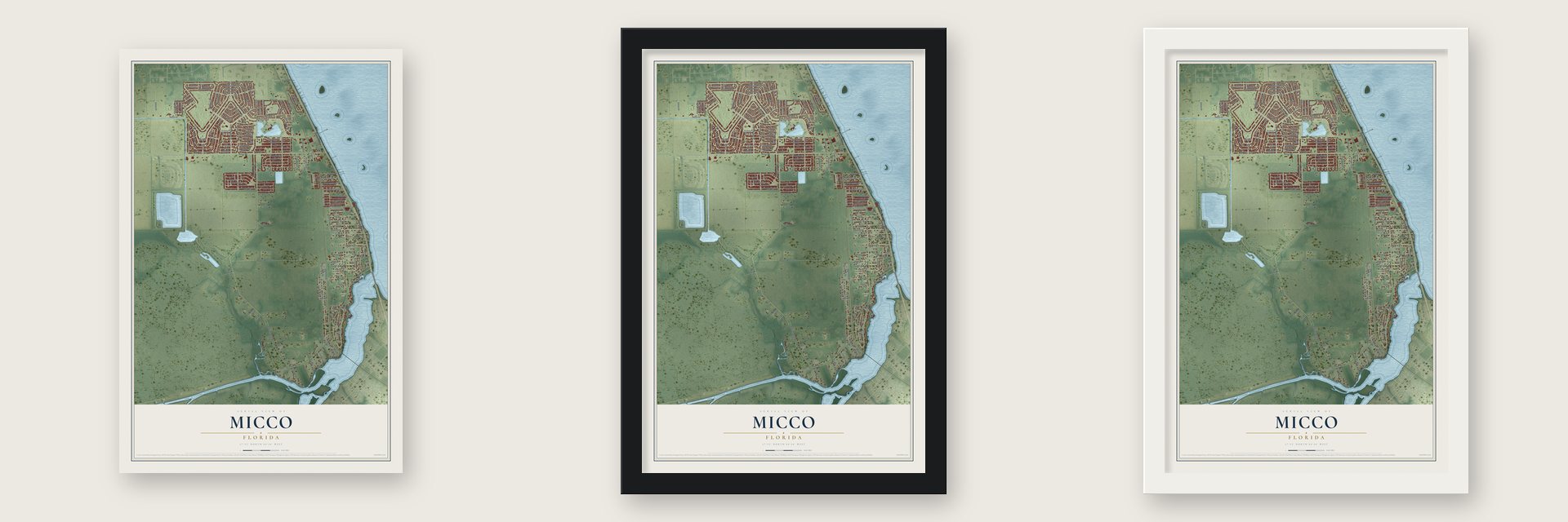 Micco, Florida map unframed, in a black wood frame and in a white wood frame
