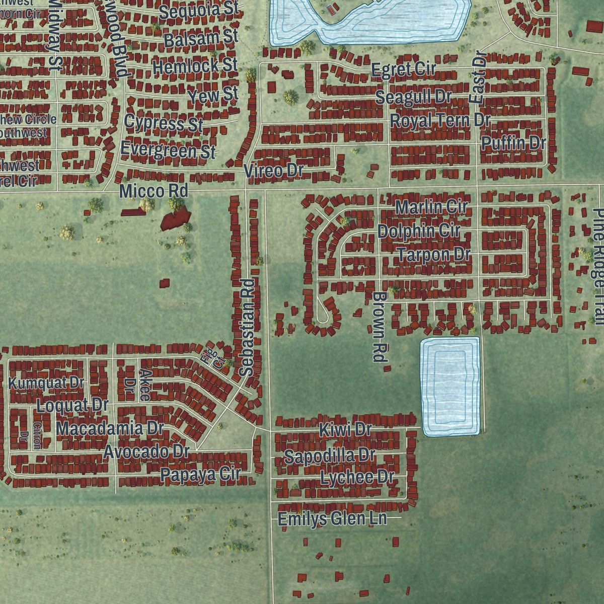 Second close-up of the map of Micco, Florida print showing more streets and buildings