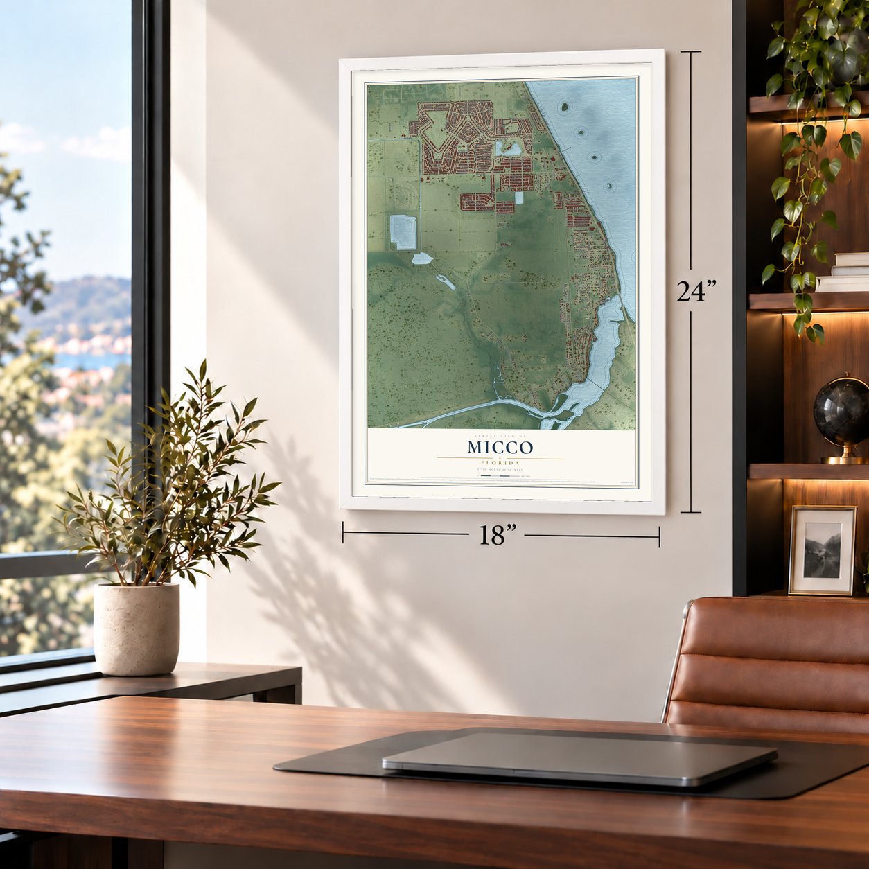 Micco, Florida map, 18 x 24 inch print in a white frame in a home office