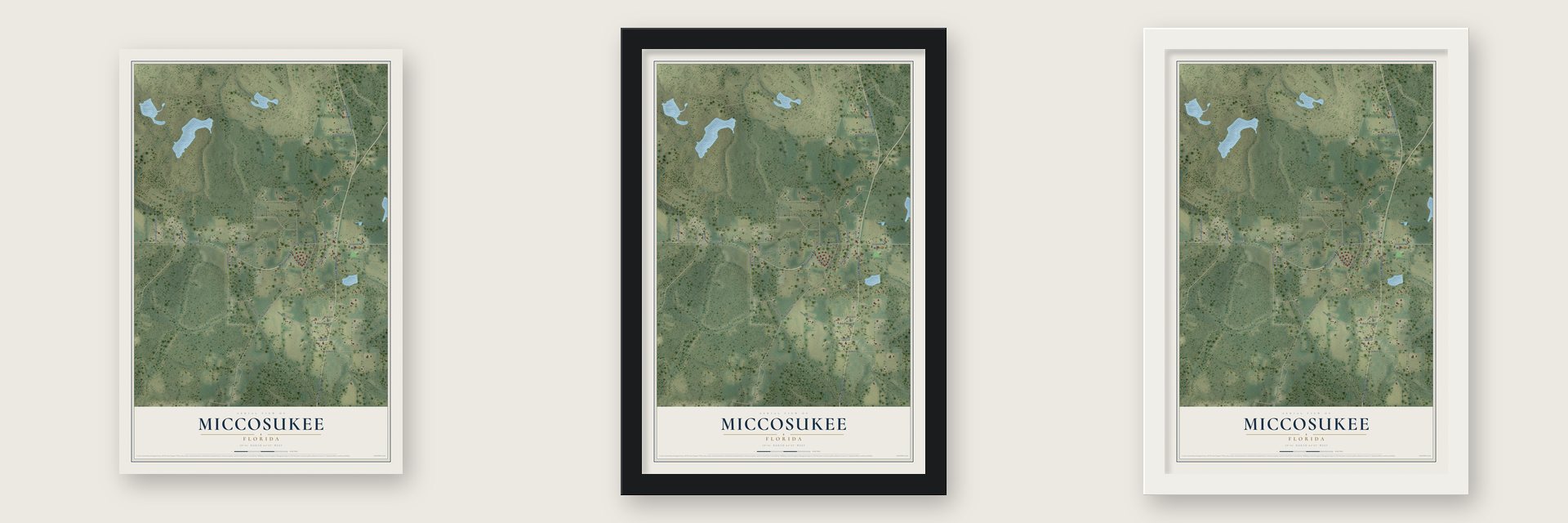 Miccosukee, Florida map unframed, in a black wood frame and in a white wood frame