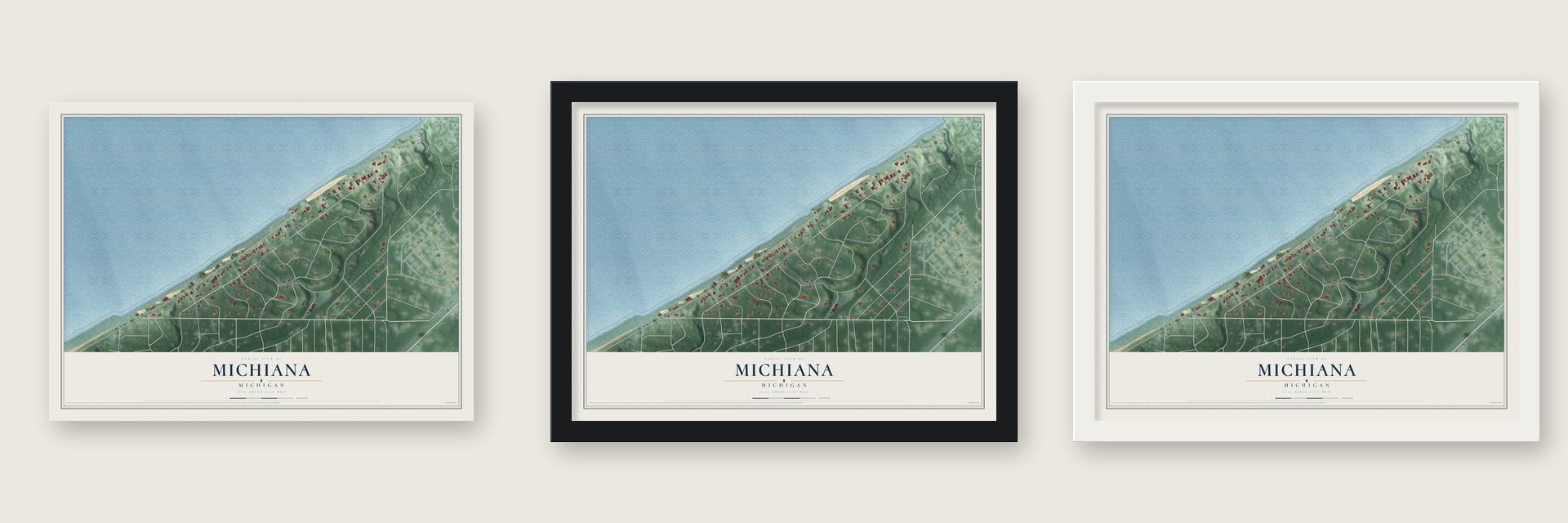 Michiana, Michigan map unframed, in a black wood frame and in a white wood frame