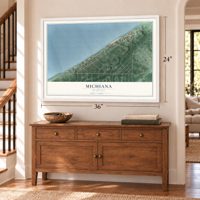 Michiana, Michigan map, 24 x 36 inch print in a white frame above a dresser by a staircase