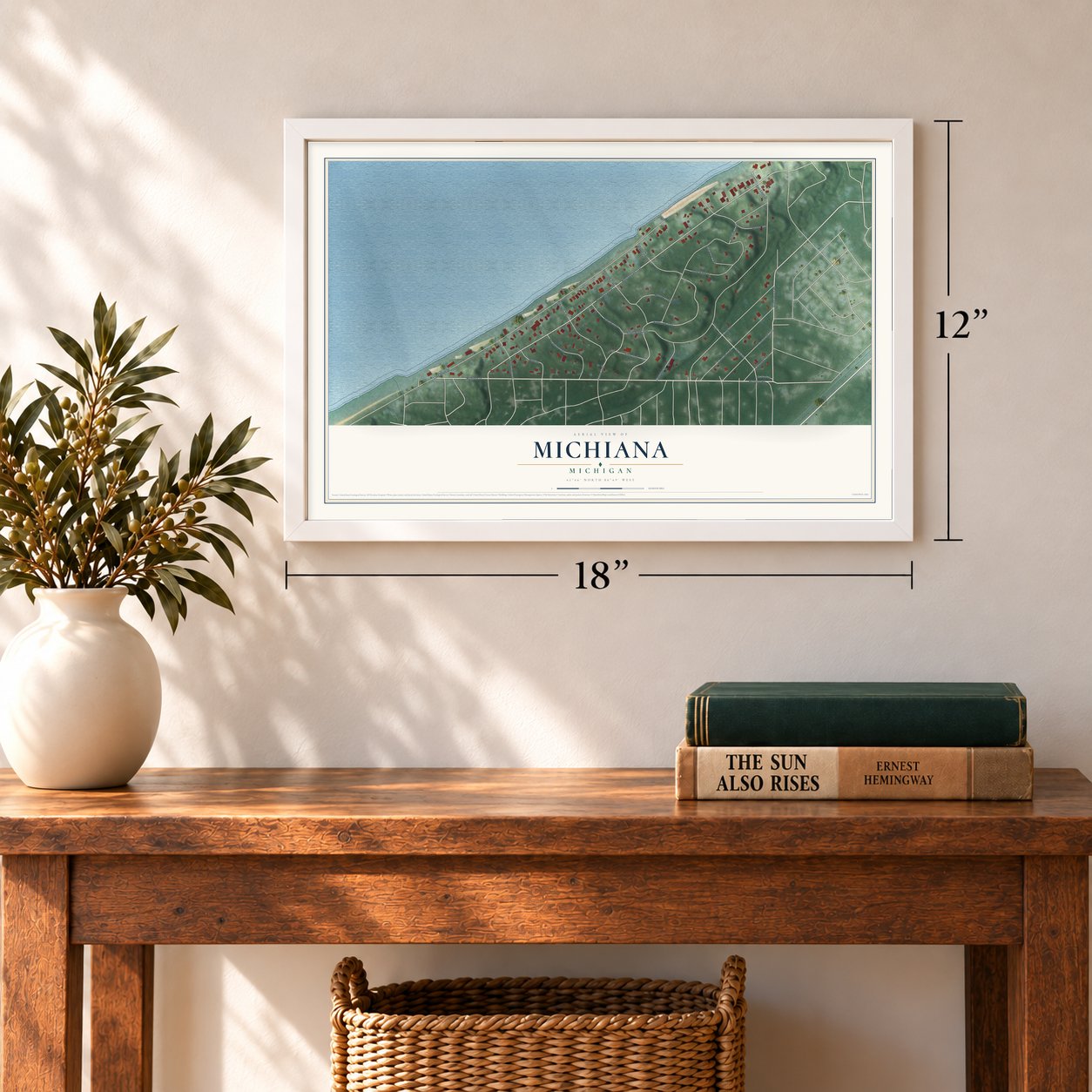 Michiana, Michigan map, 12 x 18 inch print in a white frame in an entryway