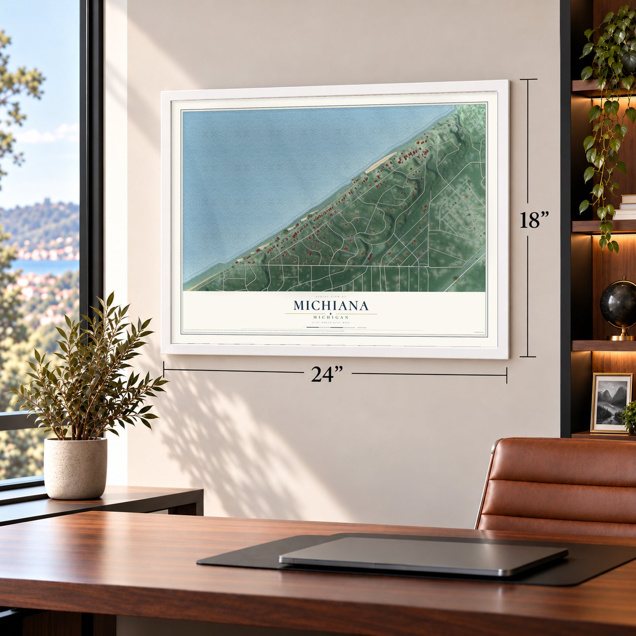 Michiana, Michigan map, 18 x 24 inch print in a white frame in a home office
