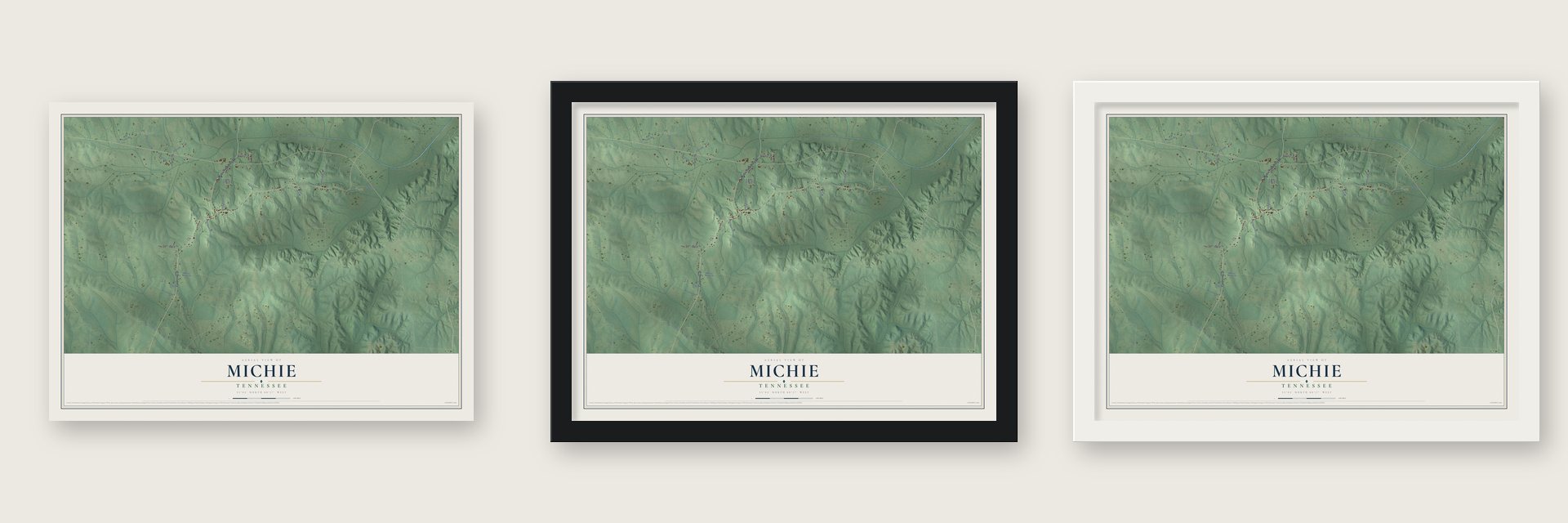 Michie, Tennessee map unframed, in a black wood frame and in a white wood frame