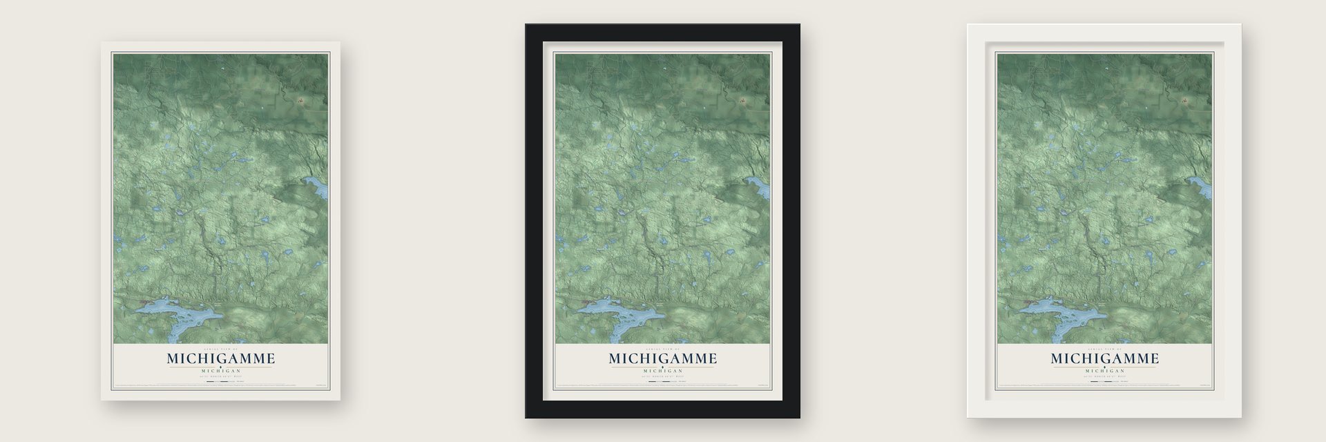 Michigamme, Michigan map unframed, in a black wood frame and in a white wood frame