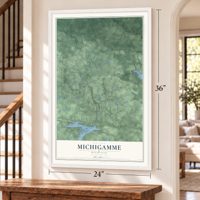 Michigamme, Michigan map, 24 x 36 inch print in a white frame by a staircase