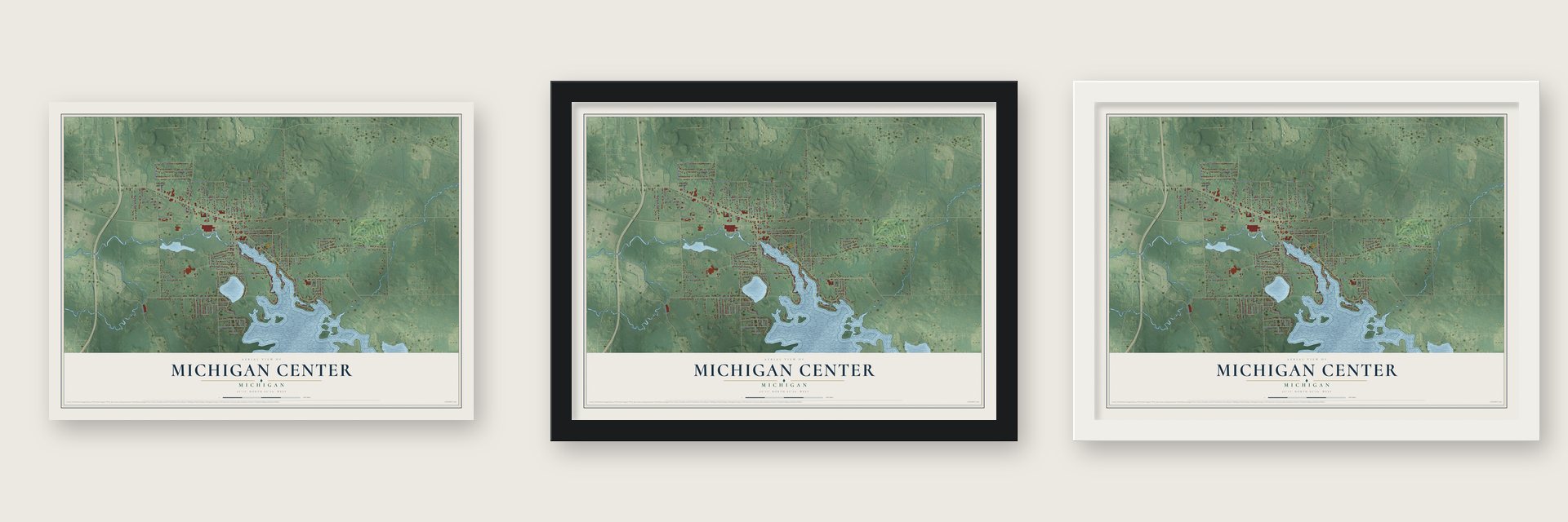 Michigan Center, Michigan map unframed, in a black wood frame and in a white wood frame