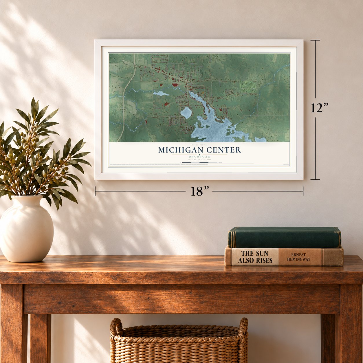 Michigan Center, Michigan map, 12 x 18 inch print in a white frame in an entryway