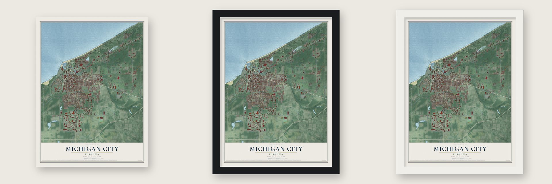 Michigan City, Indiana map unframed, in a black wood frame and in a white wood frame