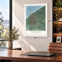 Michigan City, Indiana map, 18 x 24 inch print in a white frame in a home office