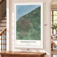 Michigan City, Indiana map, 24 x 36 inch print in a white frame by a staircase