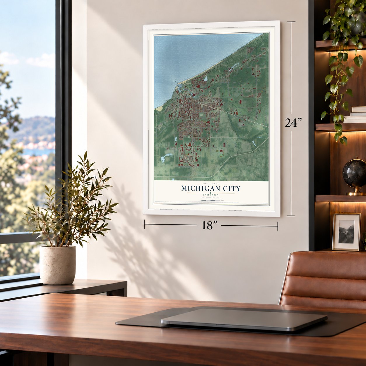 Michigan City, Indiana map, 18 x 24 inch print in a white frame in a home office