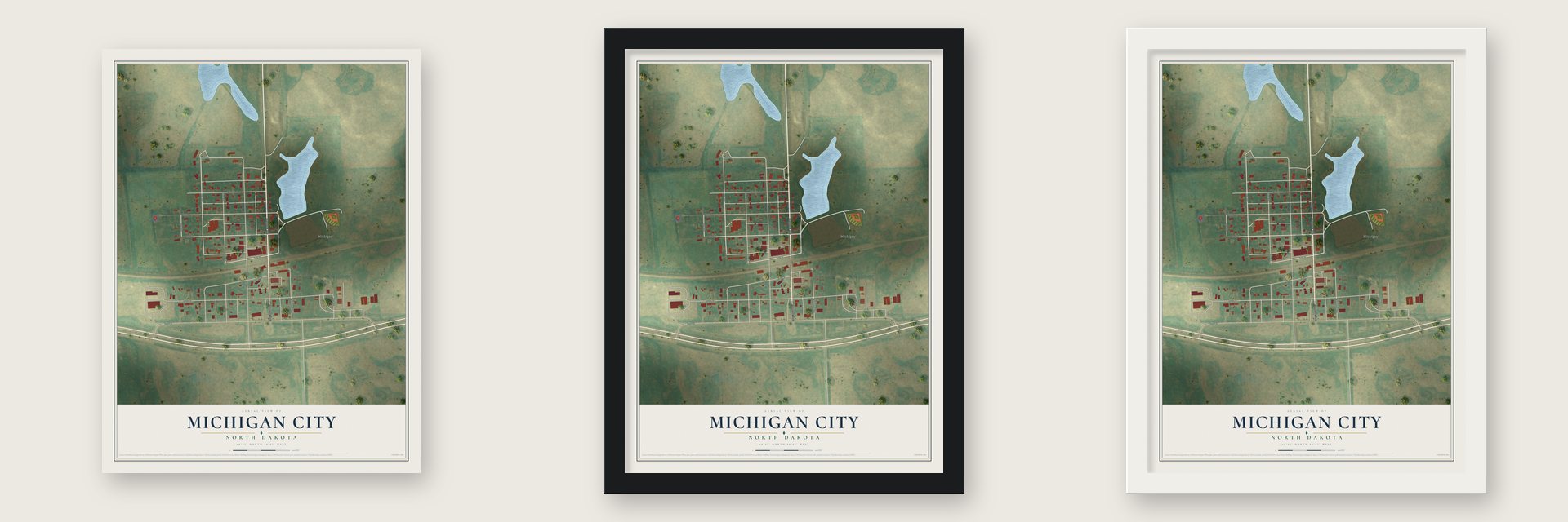 Michigan City, North Dakota map unframed, in a black wood frame and in a white wood frame