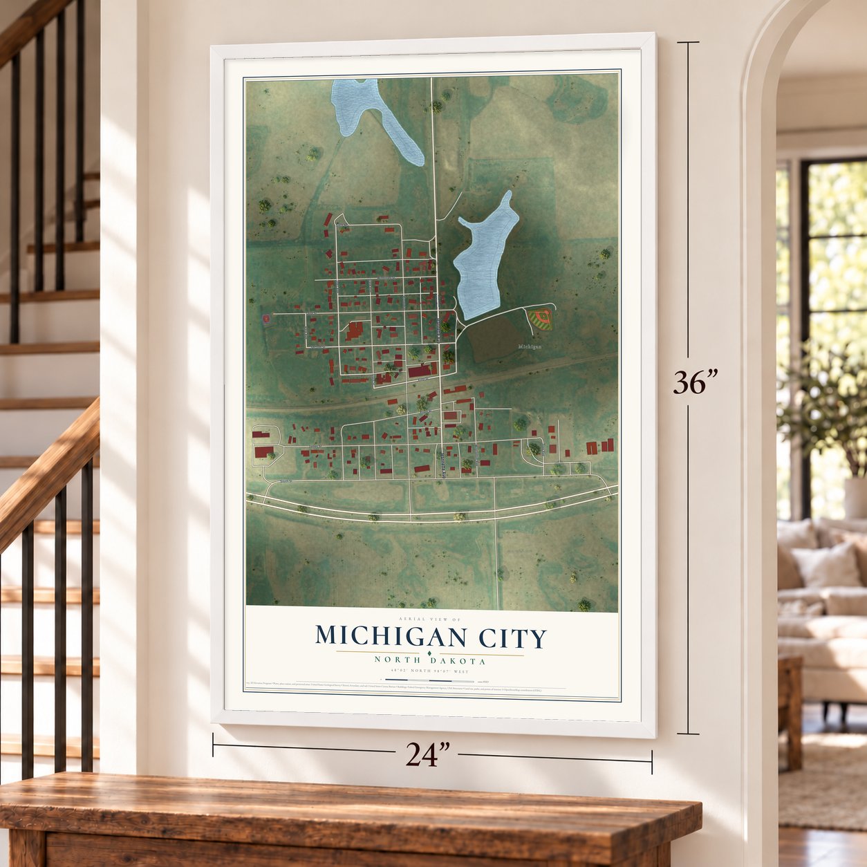 Michigan City, North Dakota map, 24 x 36 inch print in a white frame by a staircase