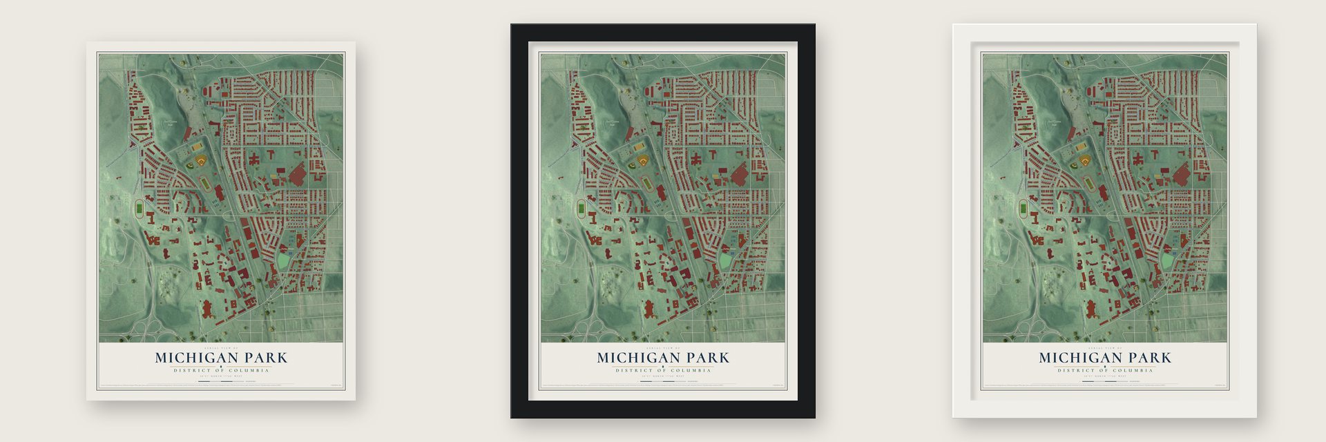 Michigan Park, District of Columbia map unframed, in a black wood frame and in a white wood frame