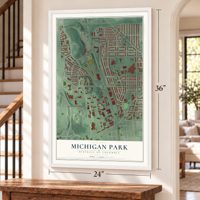 Michigan Park, District of Columbia map, 24 x 36 inch print in a white frame by a staircase