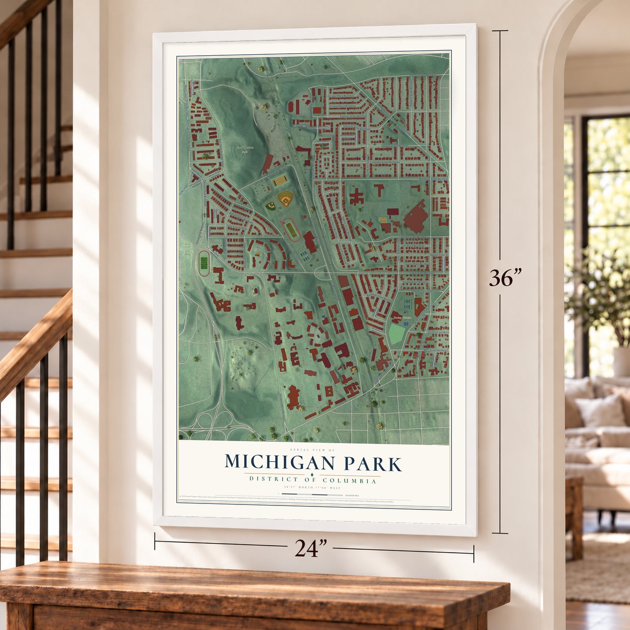 Michigan Park, District of Columbia map, 24 x 36 inch print in a white frame by a staircase