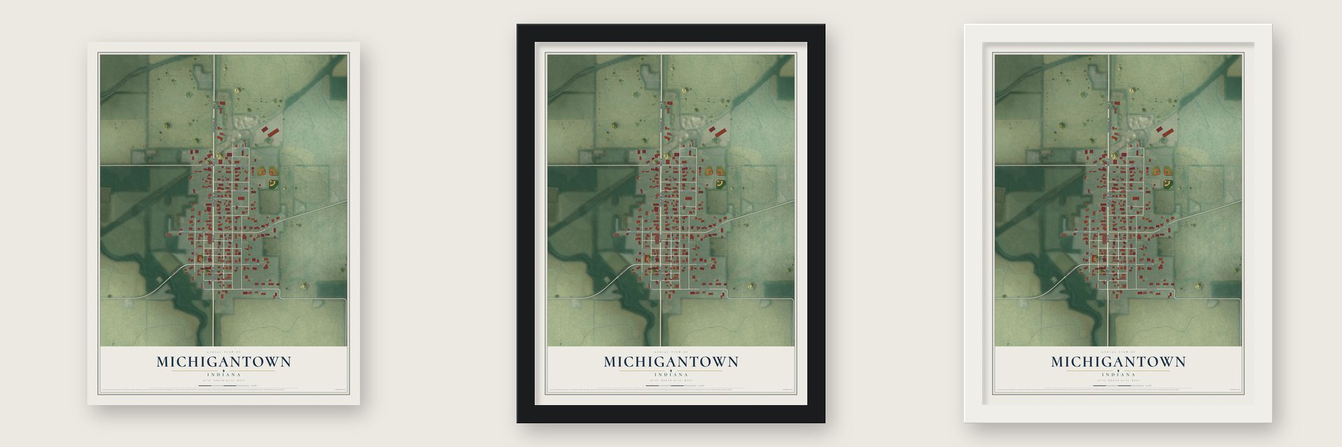 Michigantown, Indiana map unframed, in a black wood frame and in a white wood frame